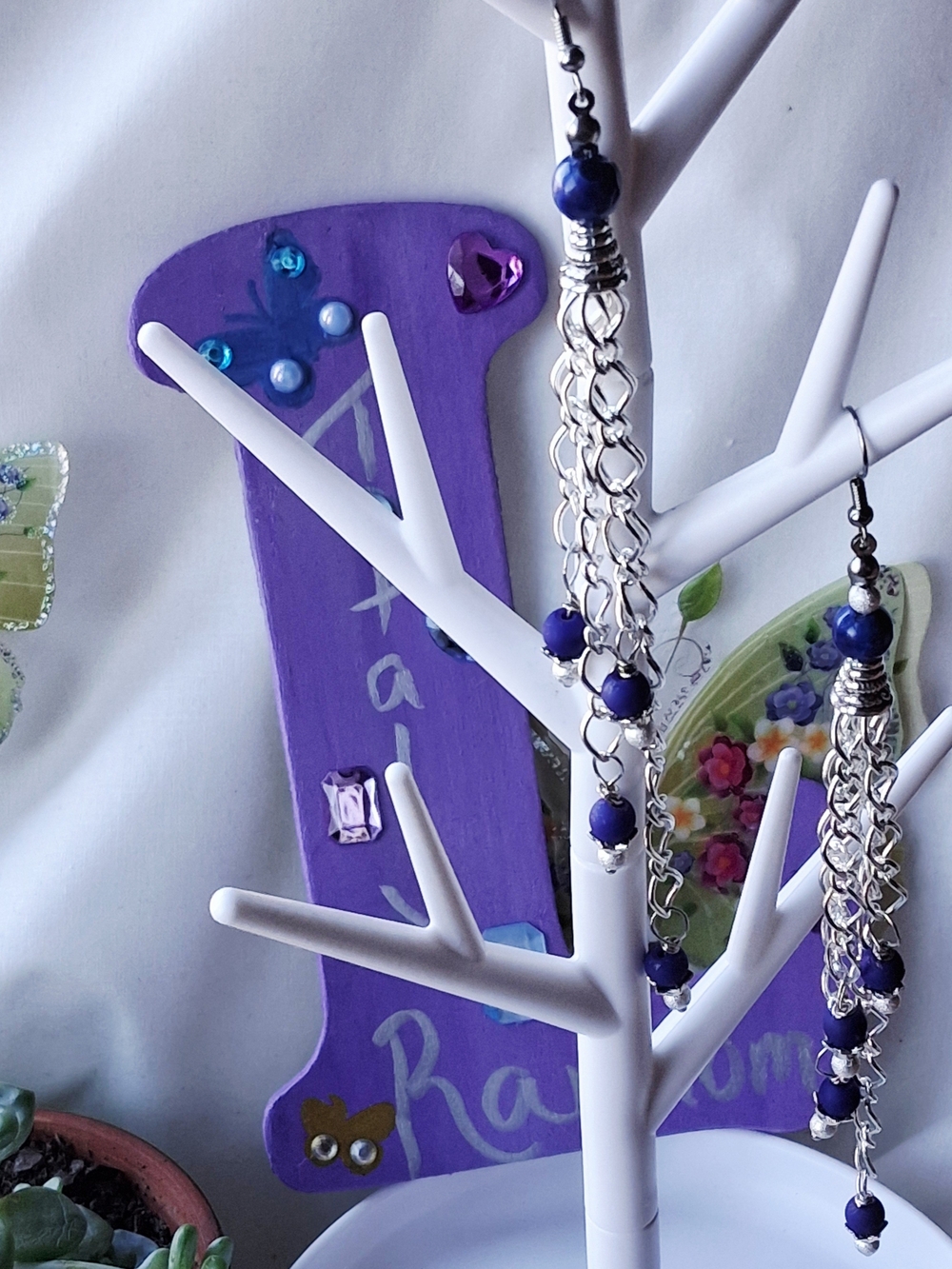 Silver Chain Drop Earrings with Royal Blue And Indigo Beads